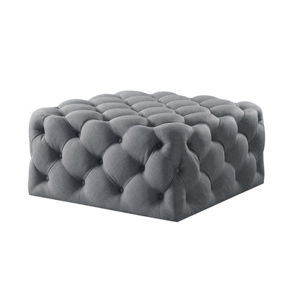 33" White Linen And Black Rolling Tufted Cocktail Ottoman
