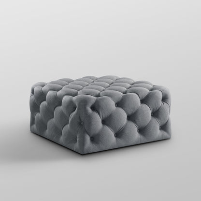 33" White Linen And Black Rolling Tufted Cocktail Ottoman