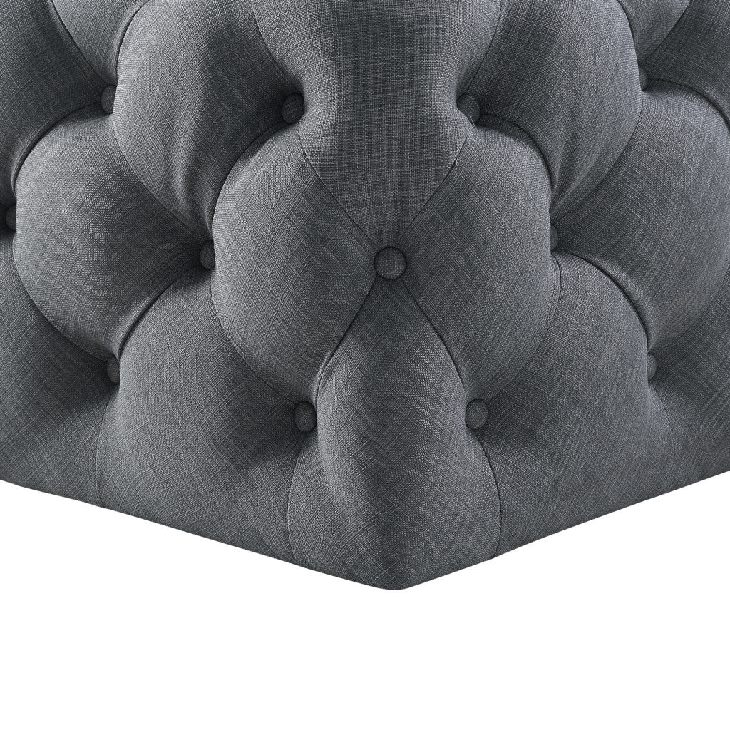 33" White Linen And Black Rolling Tufted Cocktail Ottoman
