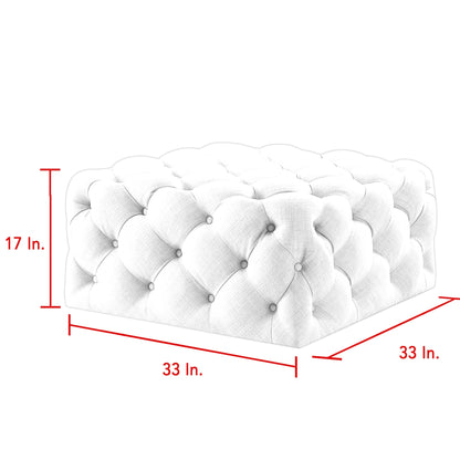 33" White Linen And Black Rolling Tufted Cocktail Ottoman