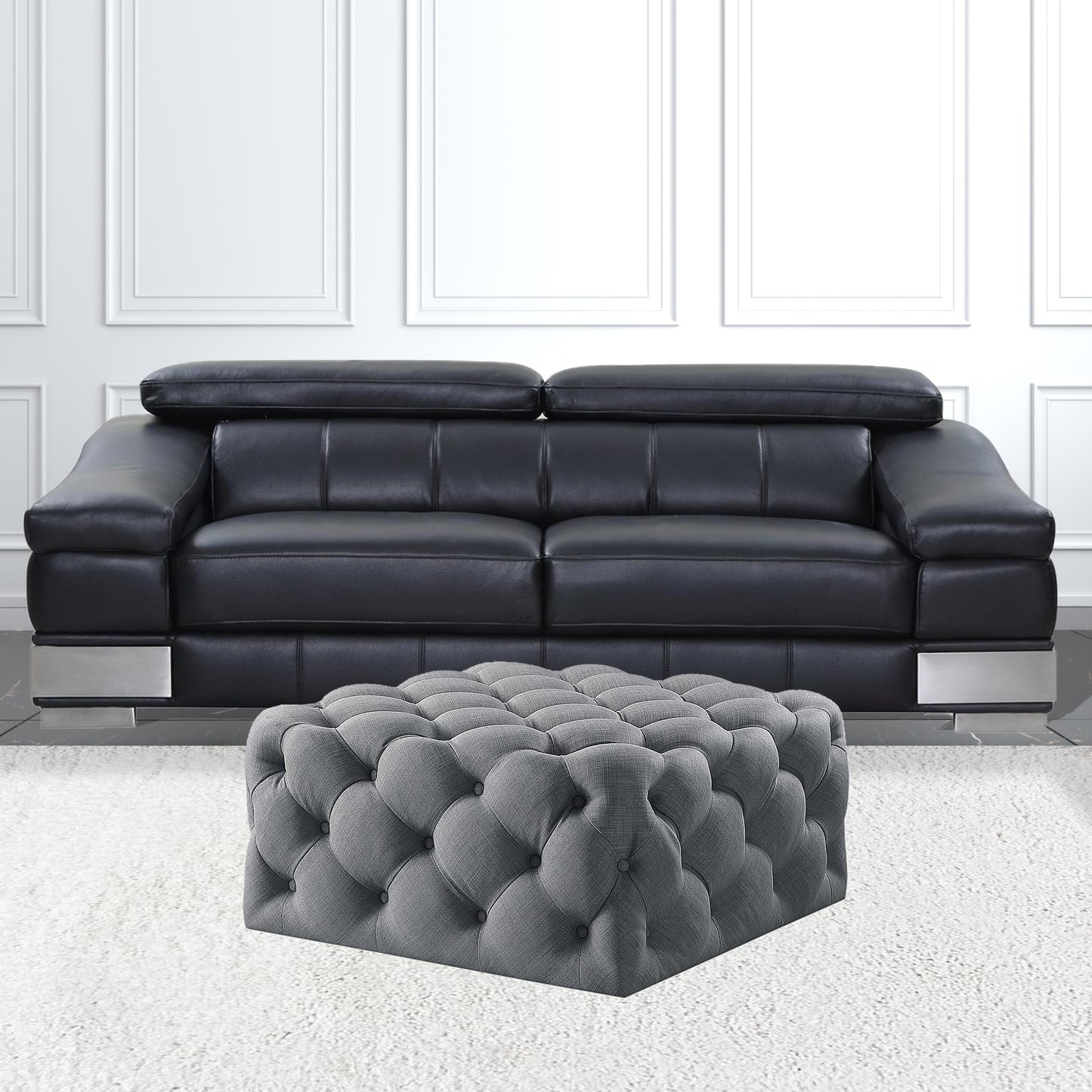 33" White Linen And Black Rolling Tufted Cocktail Ottoman