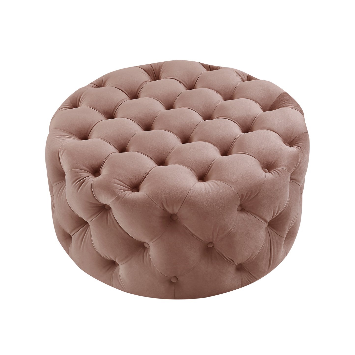 33" Blush Velvet And Black Rolling Tufted Round Cocktail Ottoman
