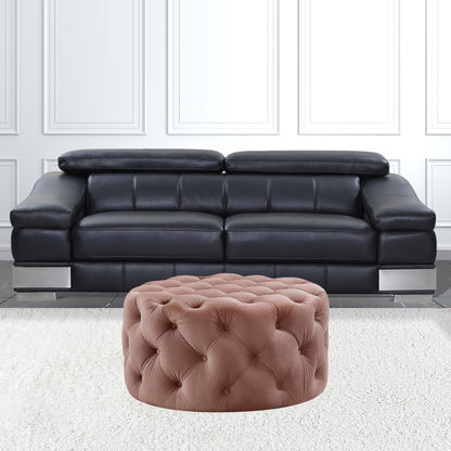 33" Blush Velvet And Black Rolling Tufted Round Cocktail Ottoman