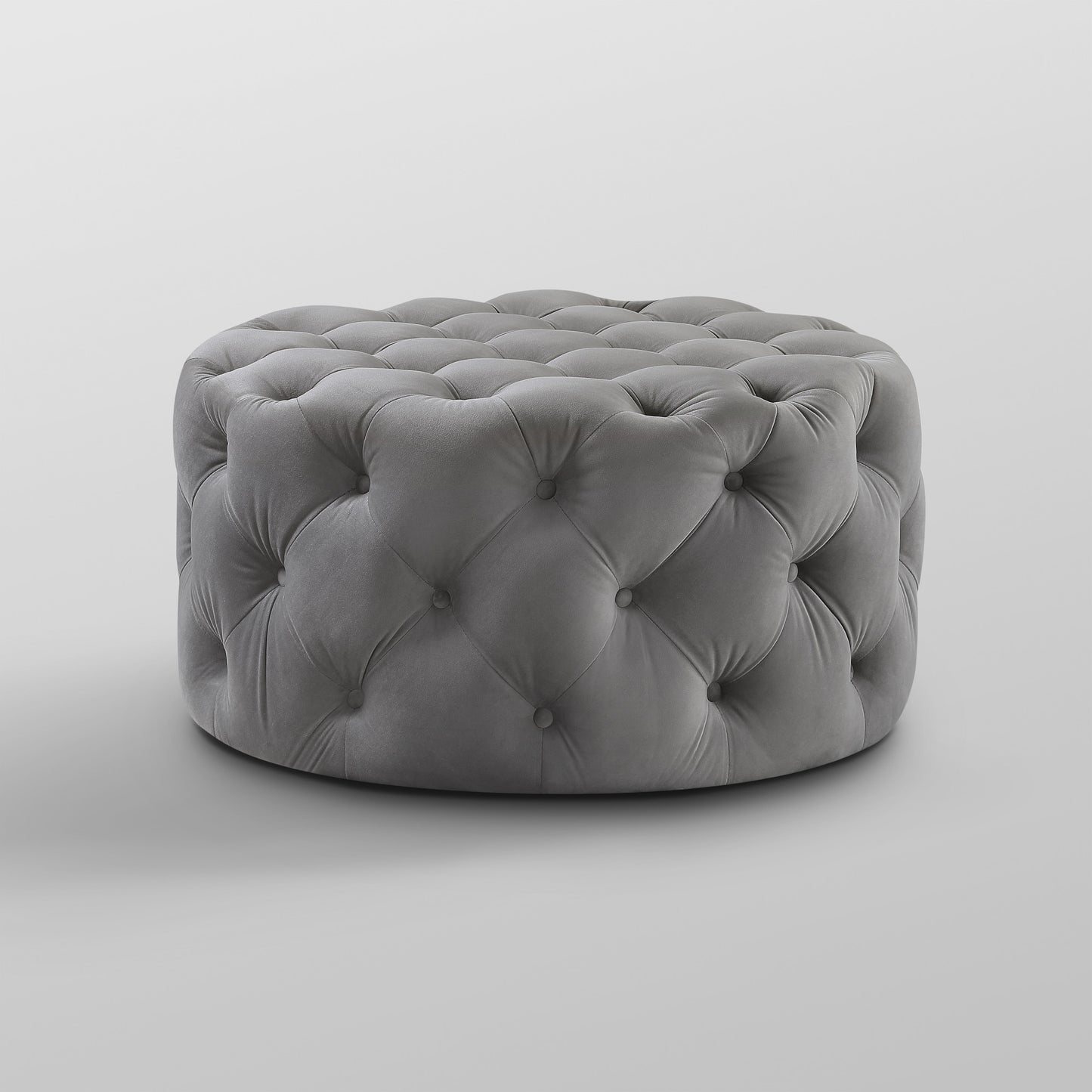 33" Blush Velvet And Black Rolling Tufted Round Cocktail Ottoman