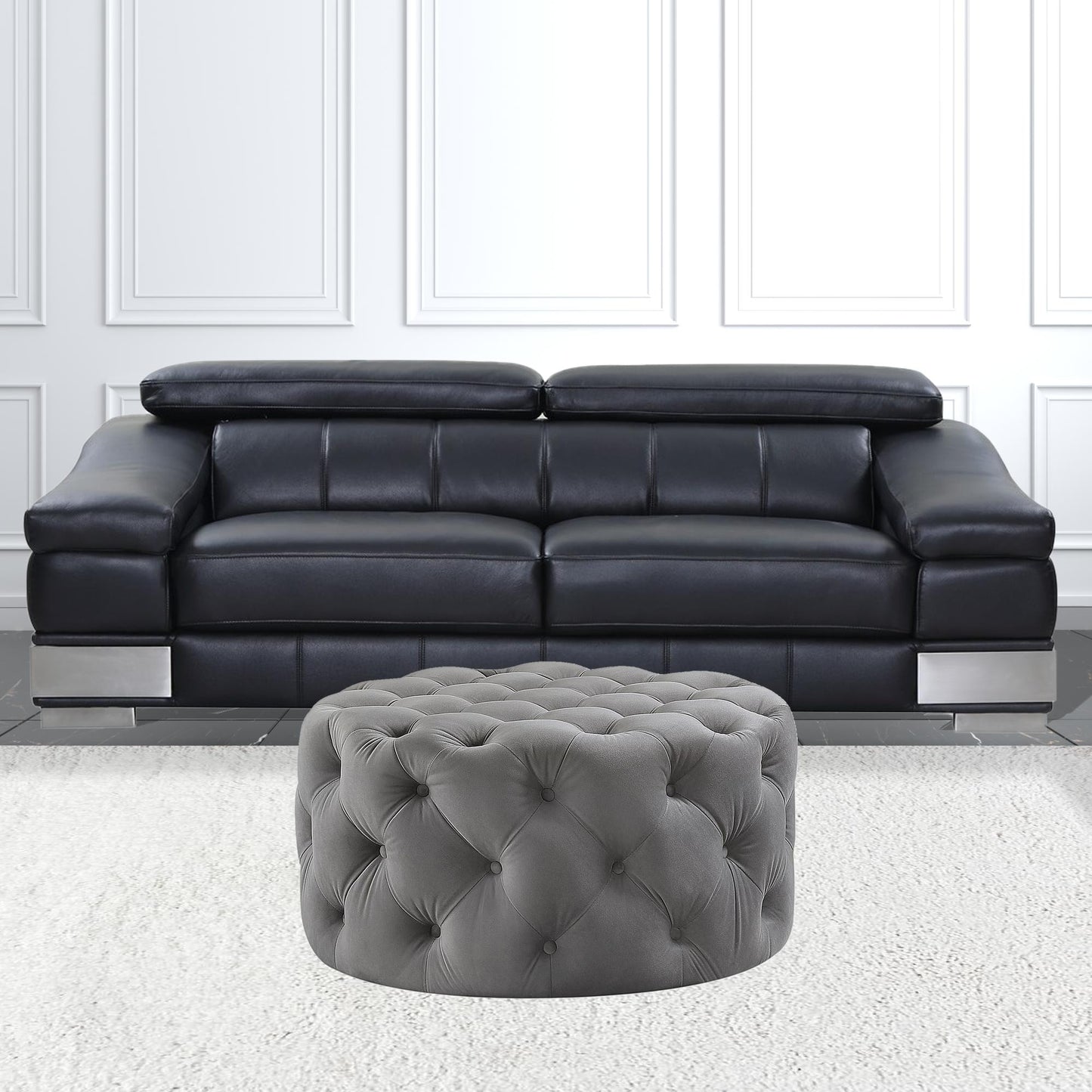 33" Blush Velvet And Black Rolling Tufted Round Cocktail Ottoman