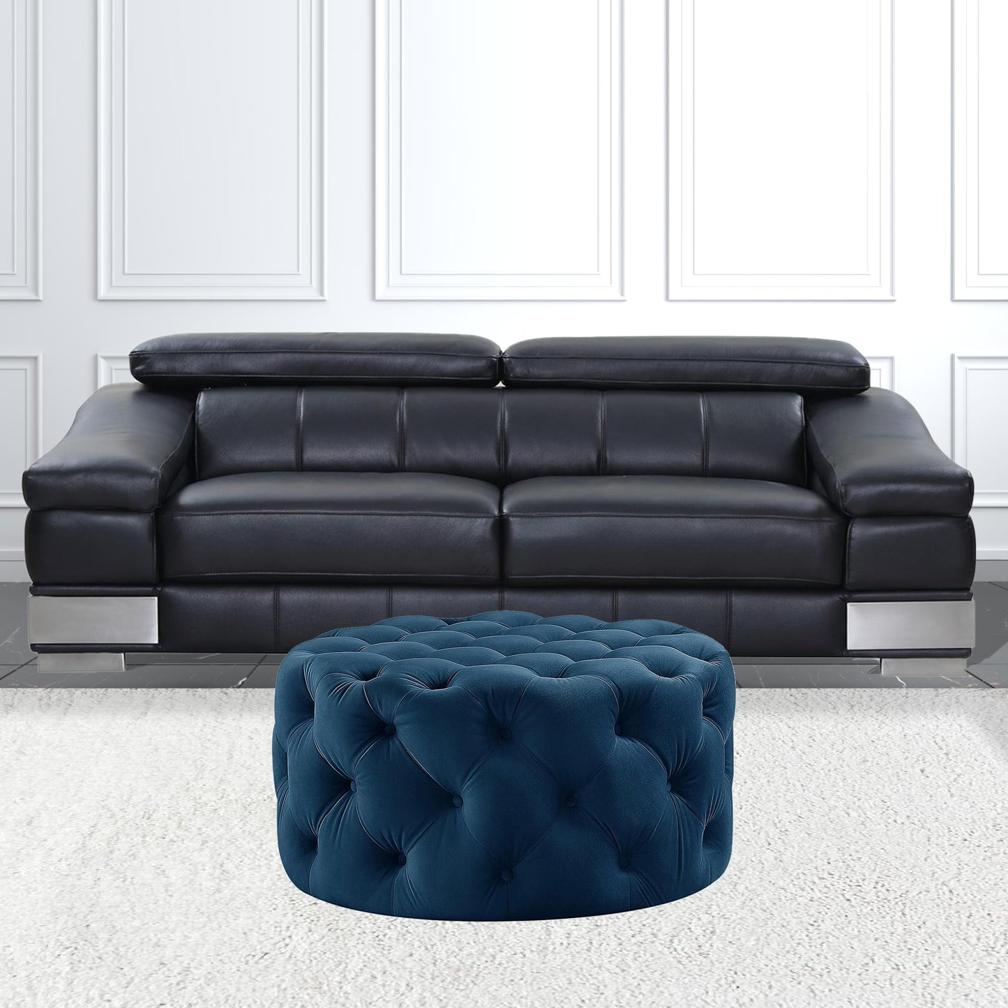 33" Blush Velvet And Black Rolling Tufted Round Cocktail Ottoman