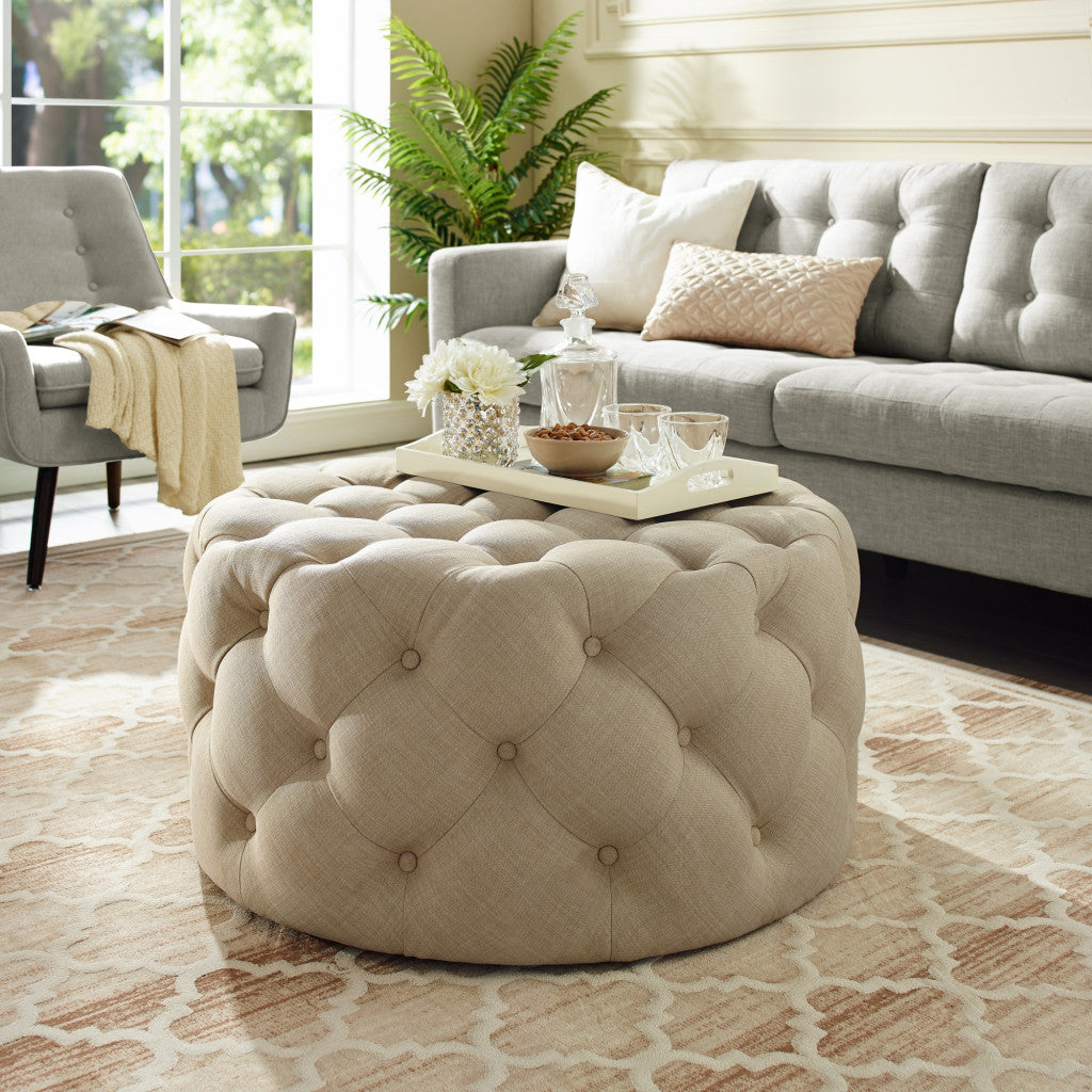 33" Blush Velvet And Black Rolling Tufted Round Cocktail Ottoman