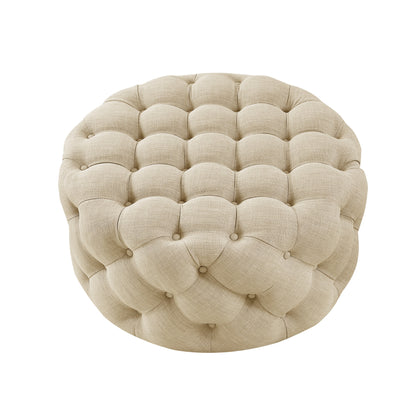 33" Blush Velvet And Black Rolling Tufted Round Cocktail Ottoman