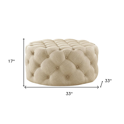 33" Blush Velvet And Black Rolling Tufted Round Cocktail Ottoman