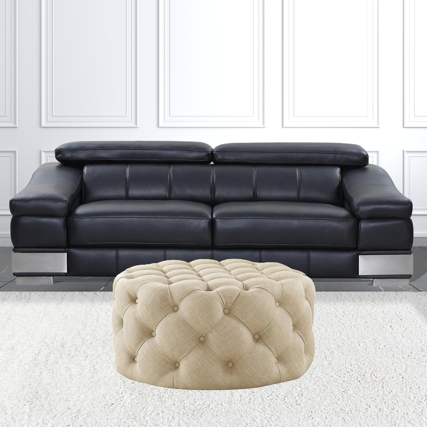 33" Blush Velvet And Black Rolling Tufted Round Cocktail Ottoman