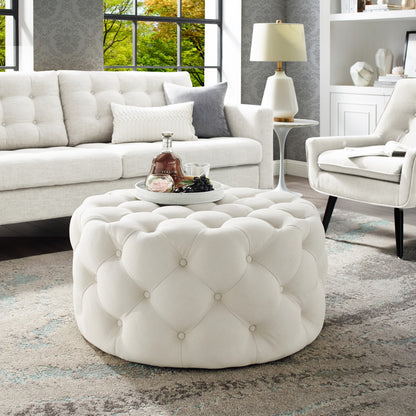 33" Blush Velvet And Black Rolling Tufted Round Cocktail Ottoman
