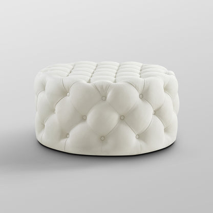 33" Blush Velvet And Black Rolling Tufted Round Cocktail Ottoman