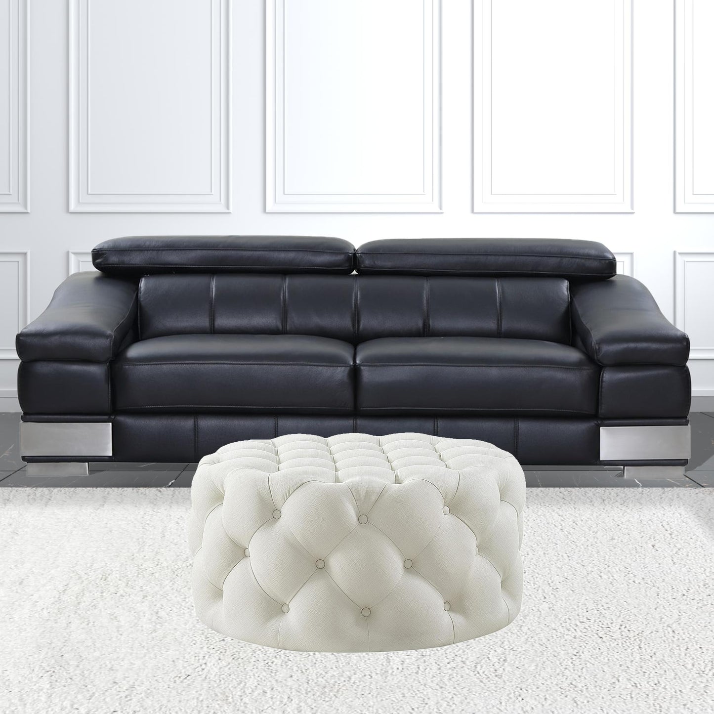 33" Blush Velvet And Black Rolling Tufted Round Cocktail Ottoman