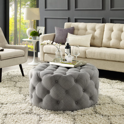 33" Blush Velvet And Black Rolling Tufted Round Cocktail Ottoman