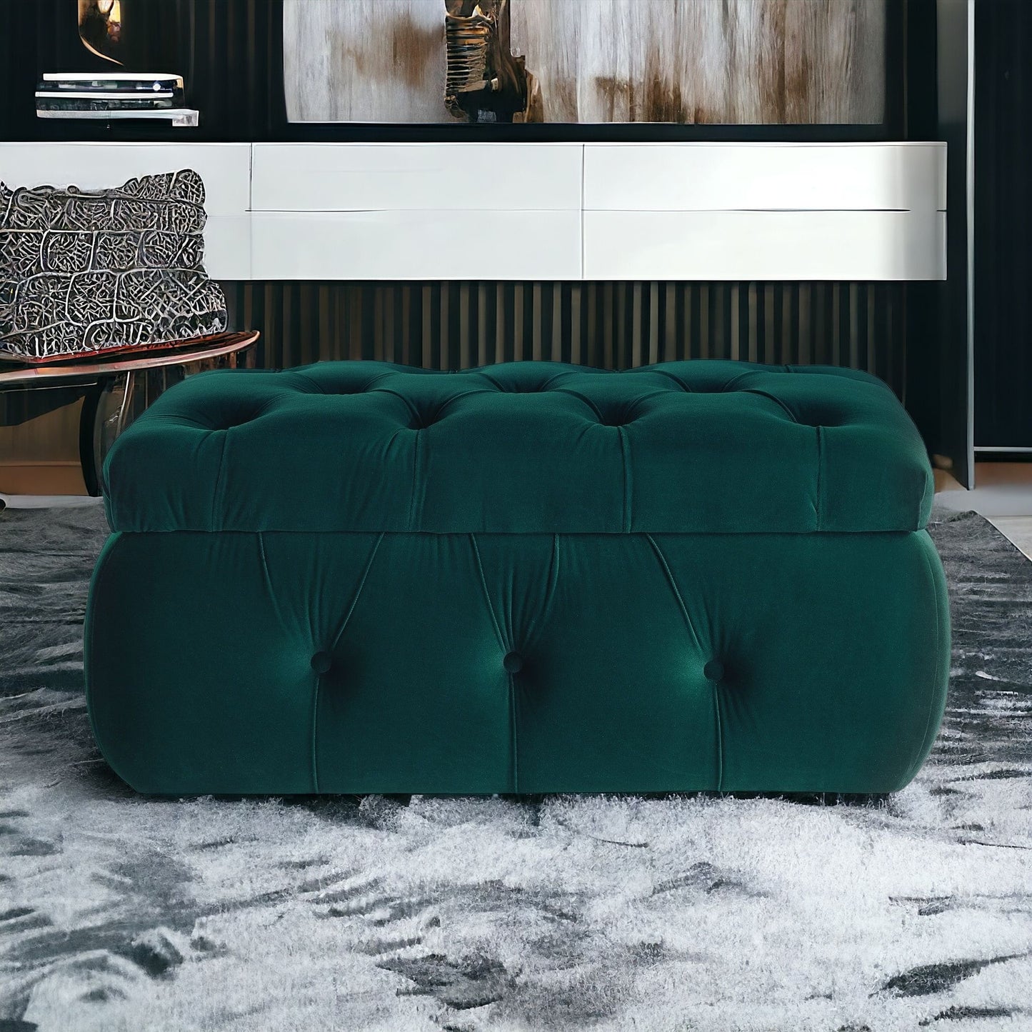 25" Green Velvet Tufted Storage Ottoman