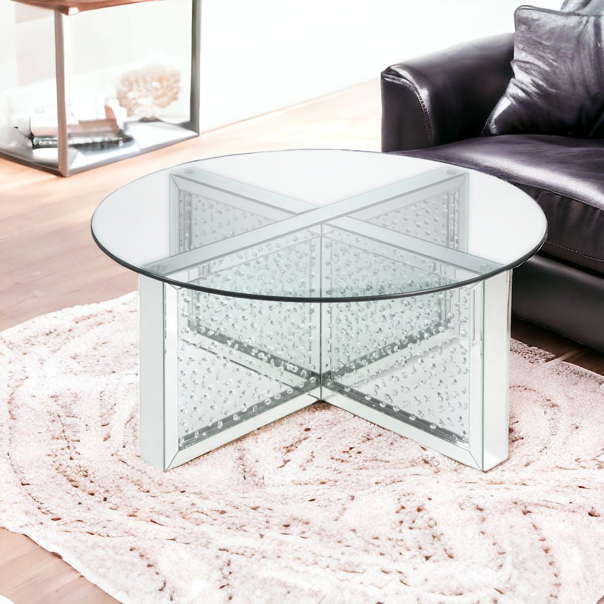40" Clear And Silver Glass Round Mirrored Coffee Table