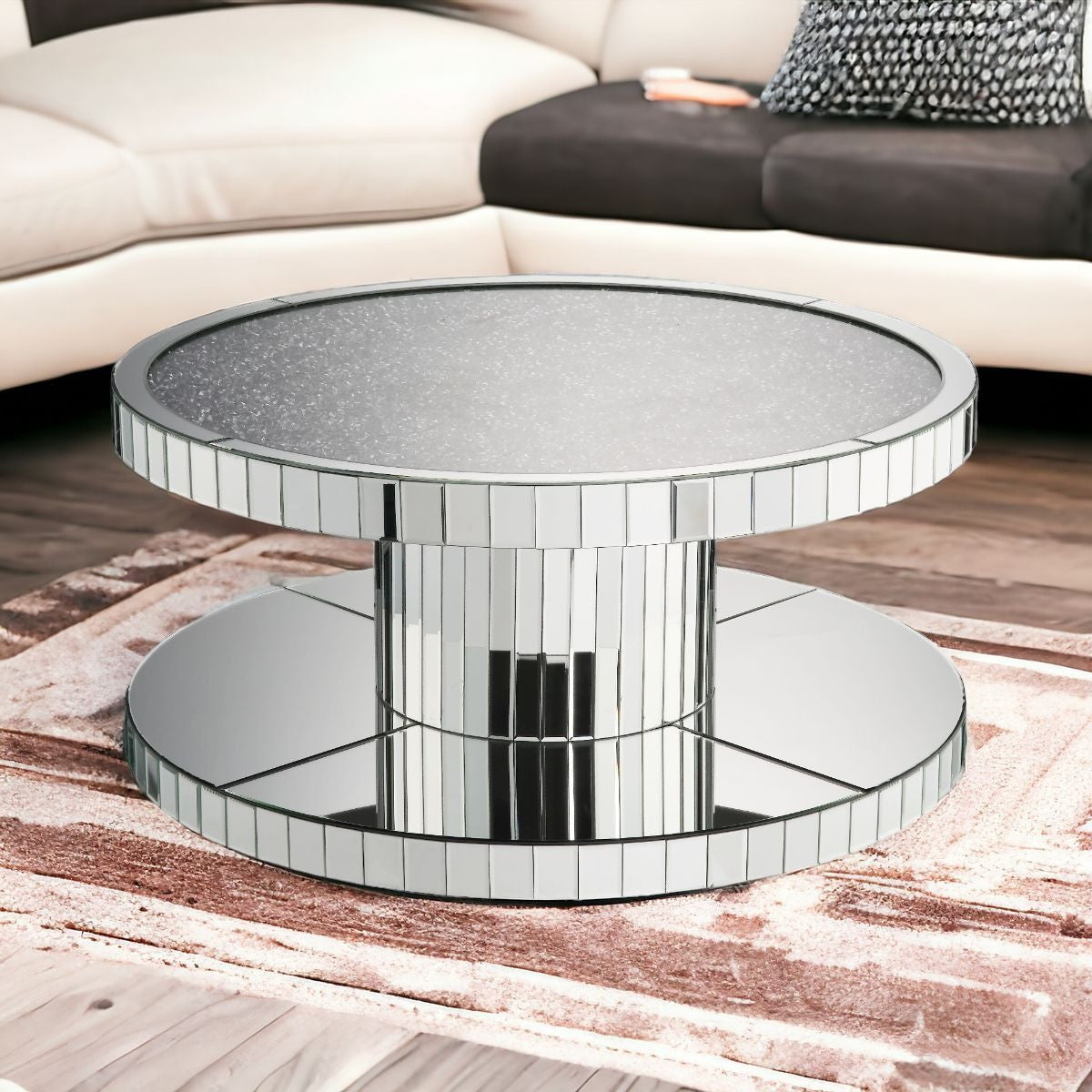 40" Clear And Silver Glass Round Mirrored Coffee Table