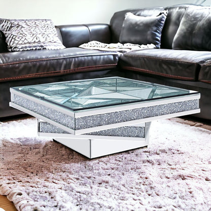 39" Clear And Silver Glass Square Mirrored Coffee Table