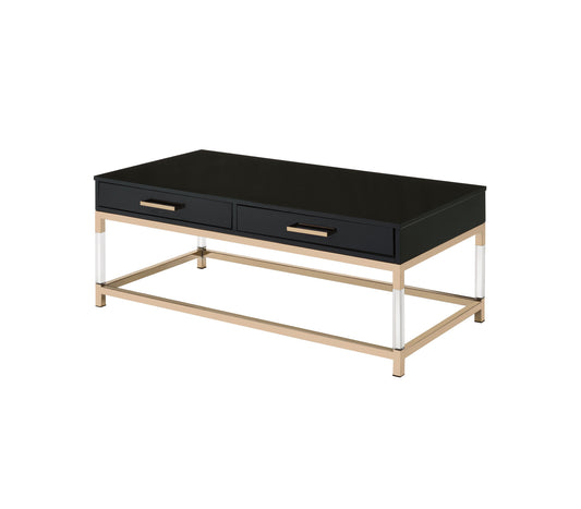 44" Gold And Black High Gloss Manufactured Wood And Metal Rectangular Coffee Table With Two Drawers