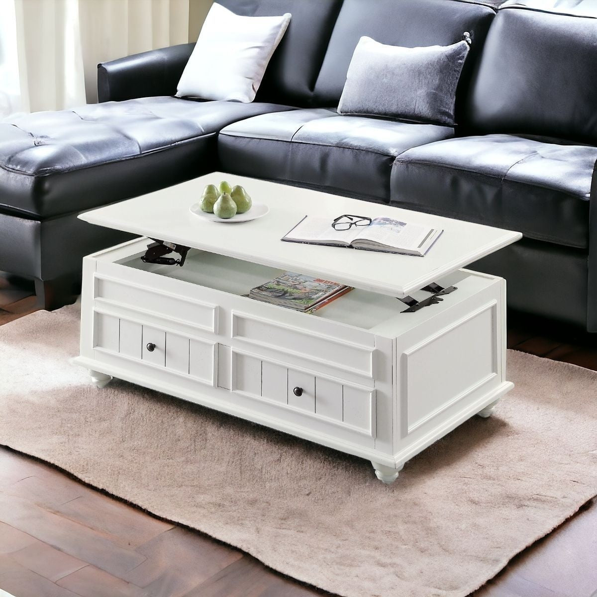 48" White Solid And Manufactured Wood Lift Top Coffee Table With Two Drawers