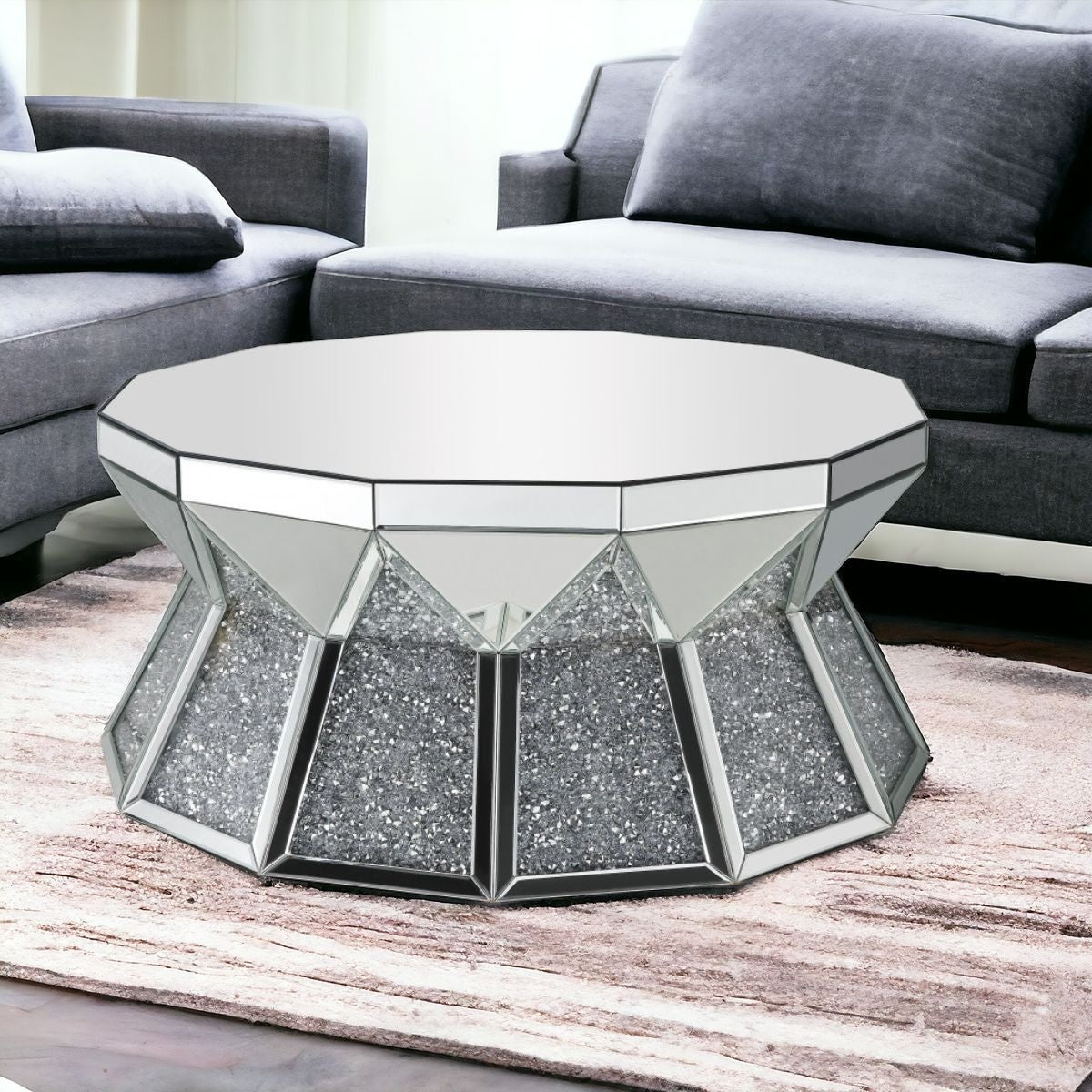 38" Silver Glass Octagon Mirrored Coffee Table