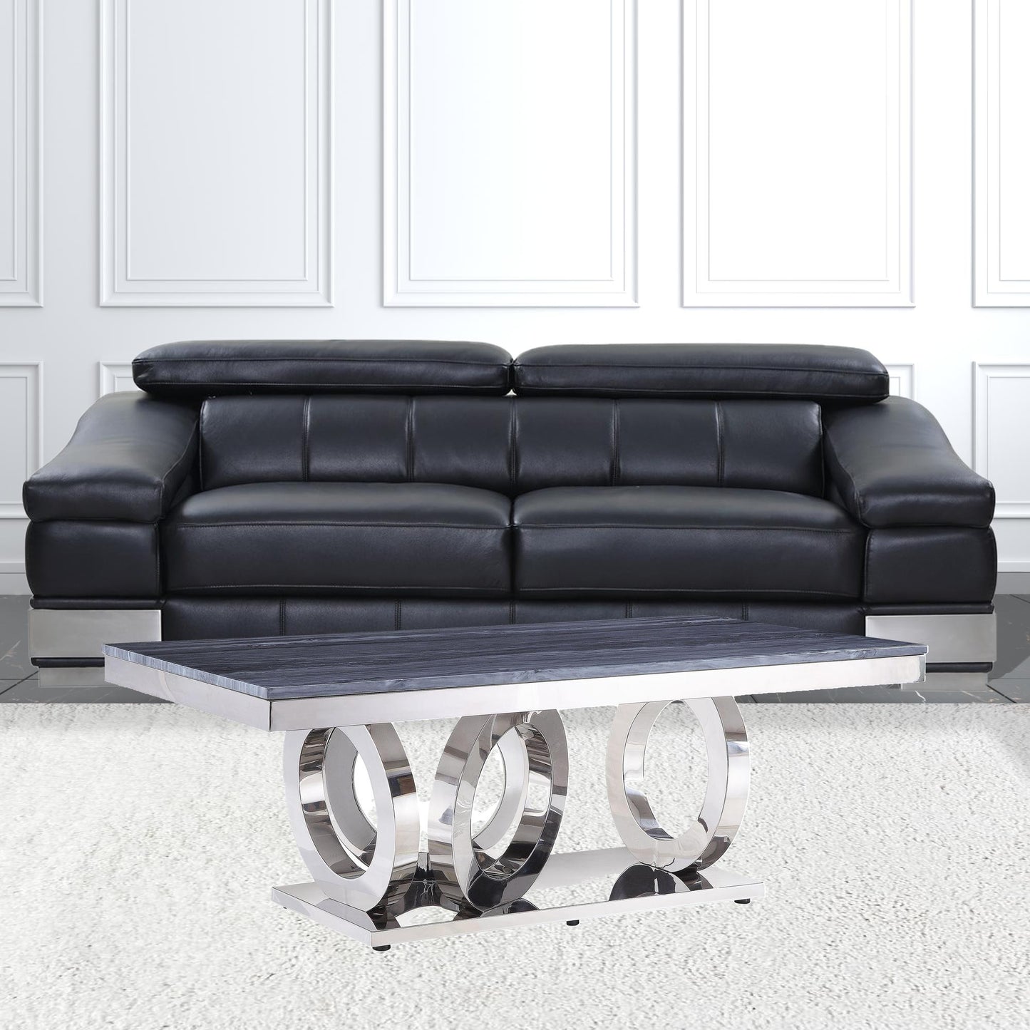 51" Mirrored Silver And Gray Printed Faux Marble Artificial Marble And Stainless Steel Rectangular Mirrored Coffee Table