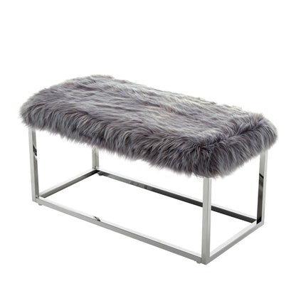 40" Gray And Silver Upholstered Faux Fur Bench