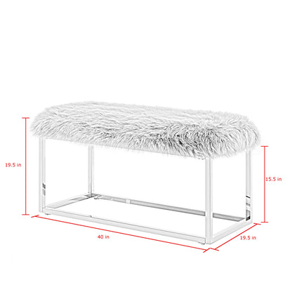 40" Gray And Silver Upholstered Faux Fur Bench