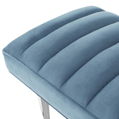 53" Blue And Silver Upholstered Velvet Bench