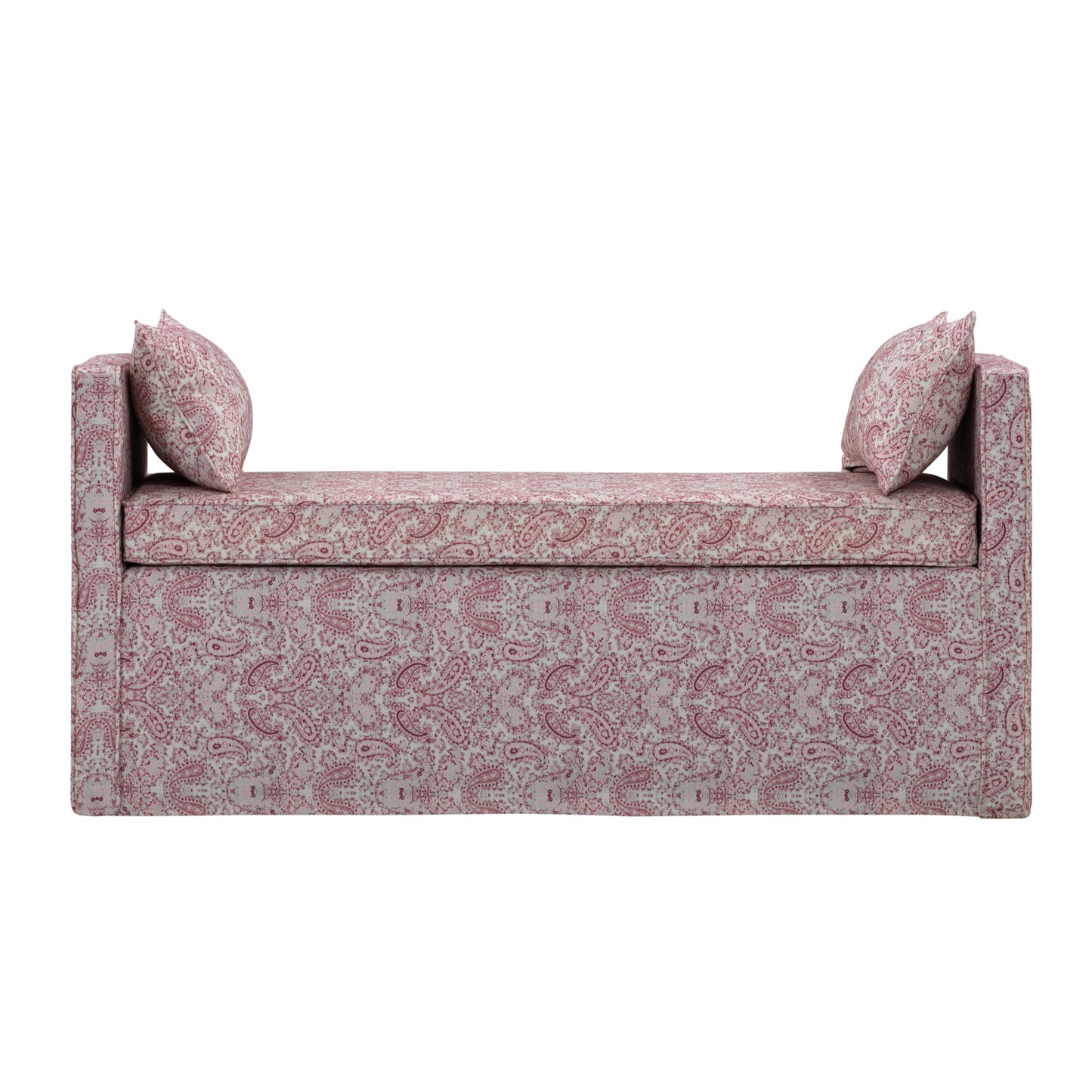 53" Red And Black Upholstered Linen Floral Bench