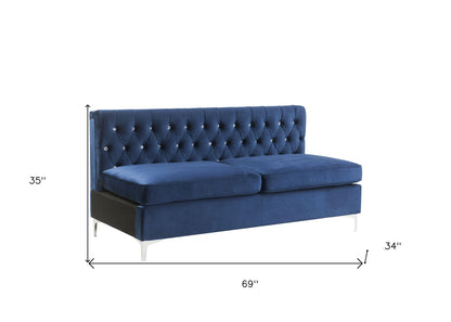 69" Blue Velvet And Silver Sofa With Two Toss Pillows