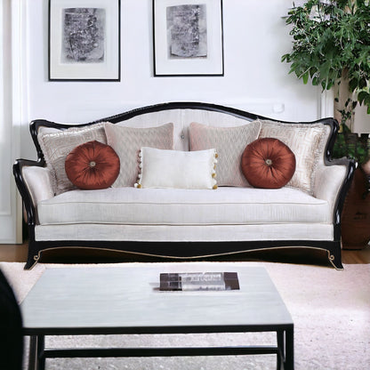 86" Beige And Black Sofa With Seven Toss Pillows