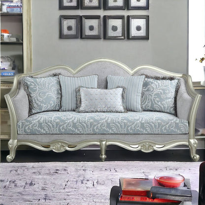 85" Light Gray And Champagne Linen Sofa And Toss Pillows