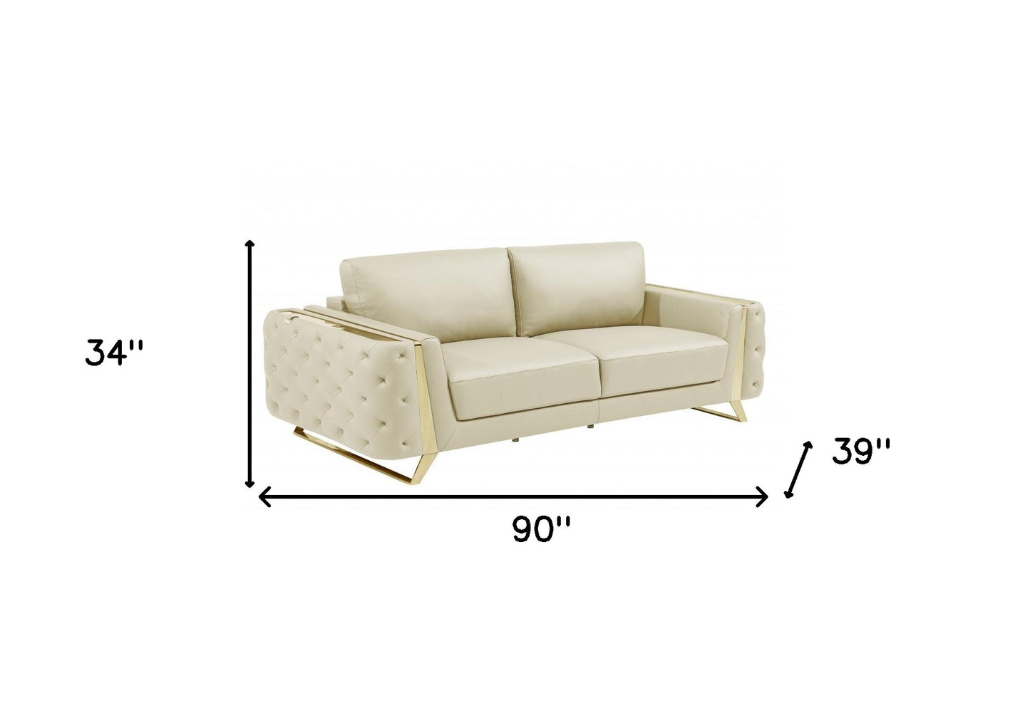 90" Beige And Gold Italian Leather Sofa