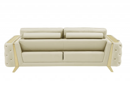 90" Beige And Gold Italian Leather Sofa