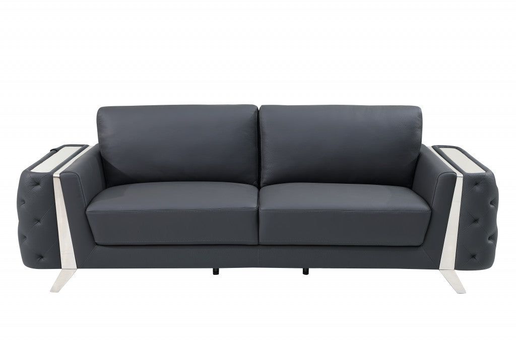 90" Dark Gray And Silver Italian Leather Sofa