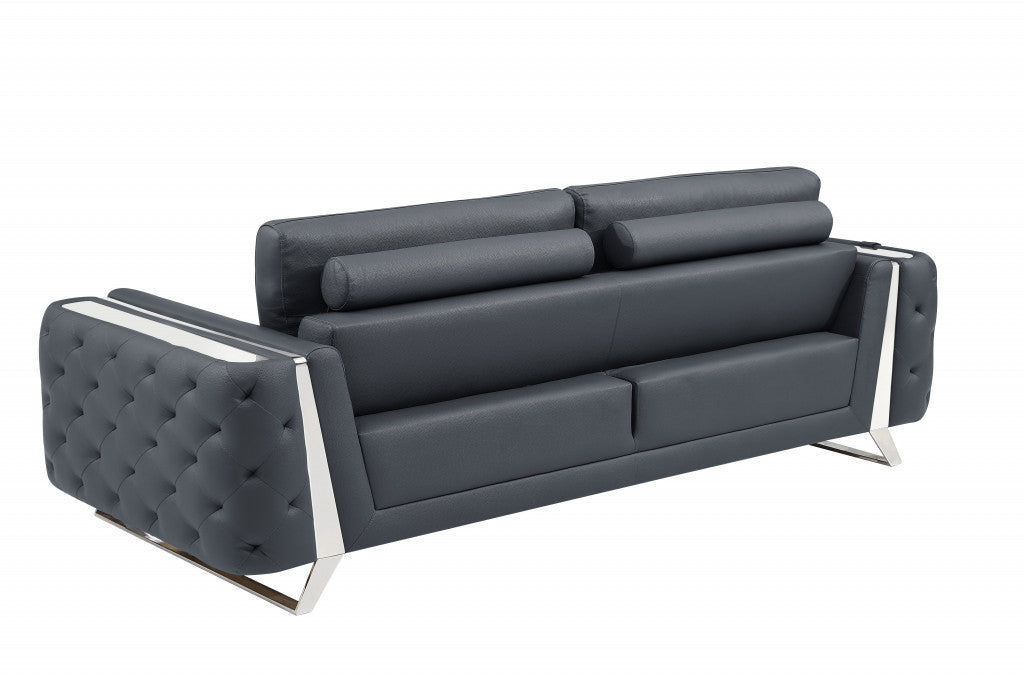 90" Dark Gray And Silver Italian Leather Sofa