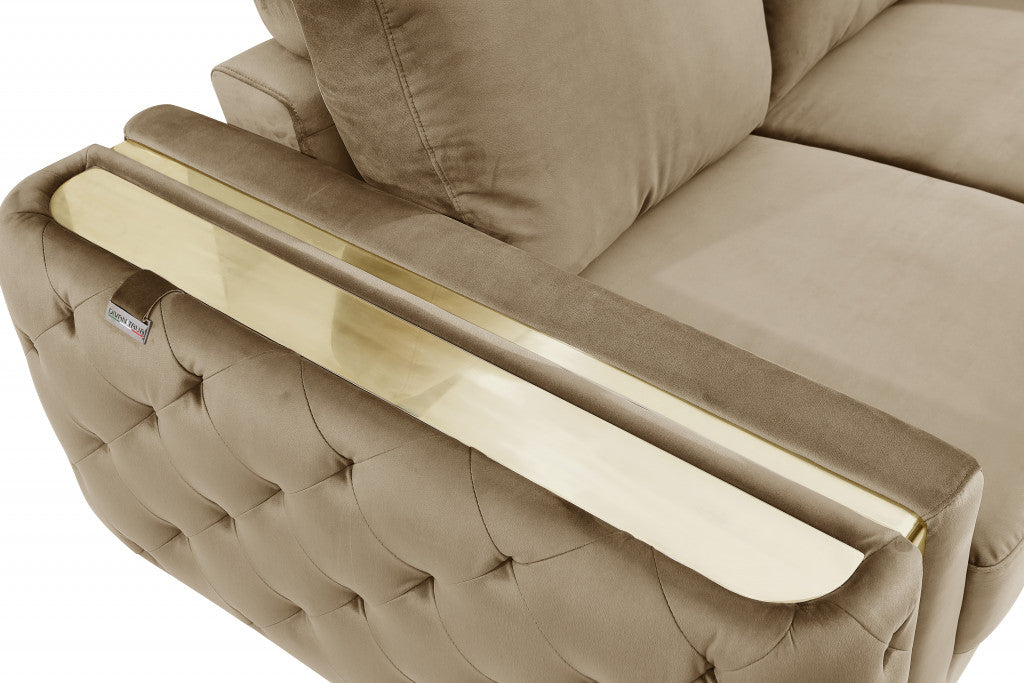 90" Beige And Gold Velvet Sofa