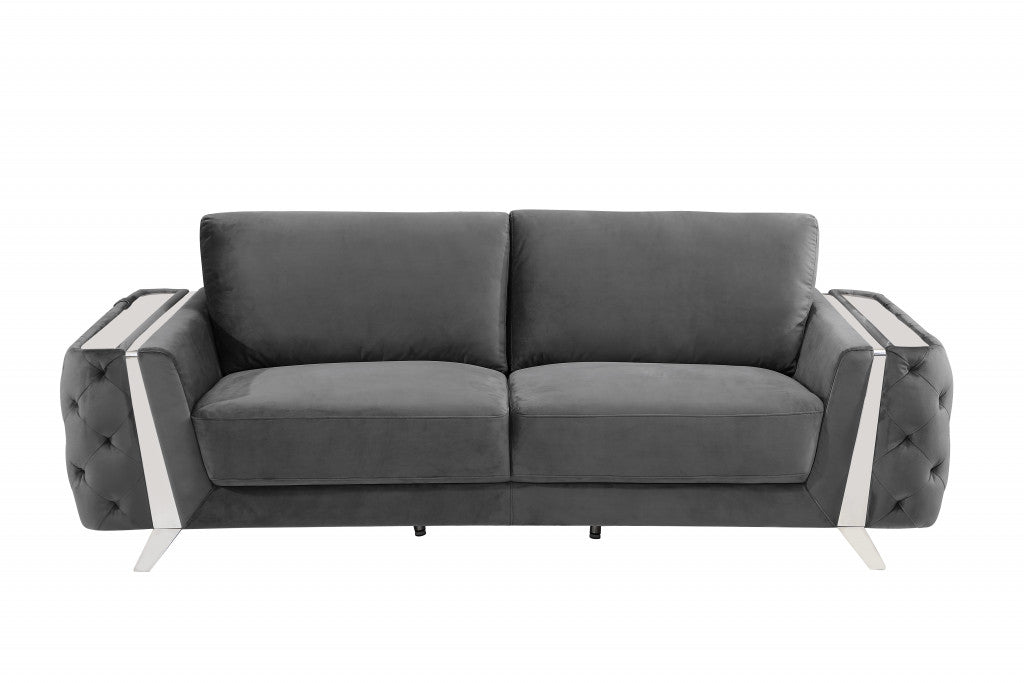 90" Dark Gray And Silver Velvet Sofa