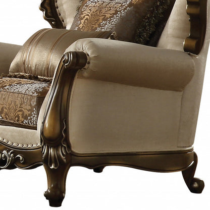 49" Tan And Brown Fabric Floral Tufted Wingback Chair