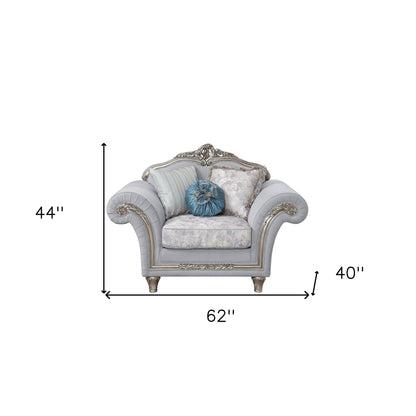 62" Light Gray Linen And Platinum Floral Club Chair
