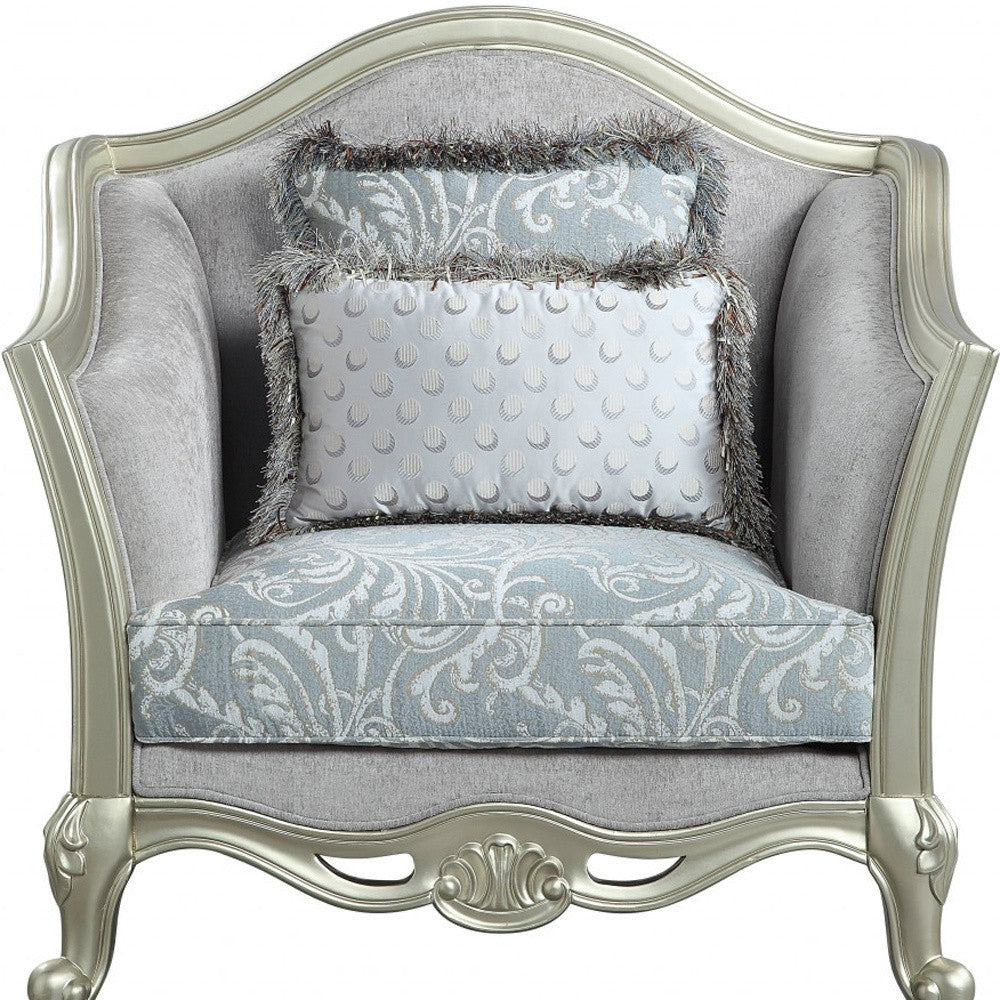 44" Light Gray Linen And Champagne Floral Arm Chair
