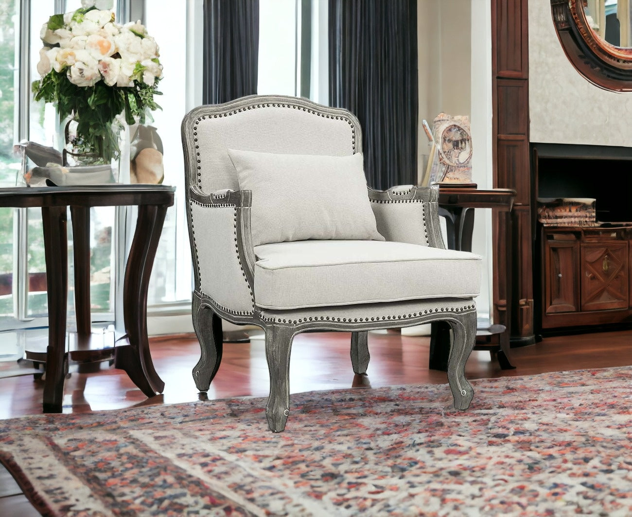 29" Cream And Brown Linen Arm Chair