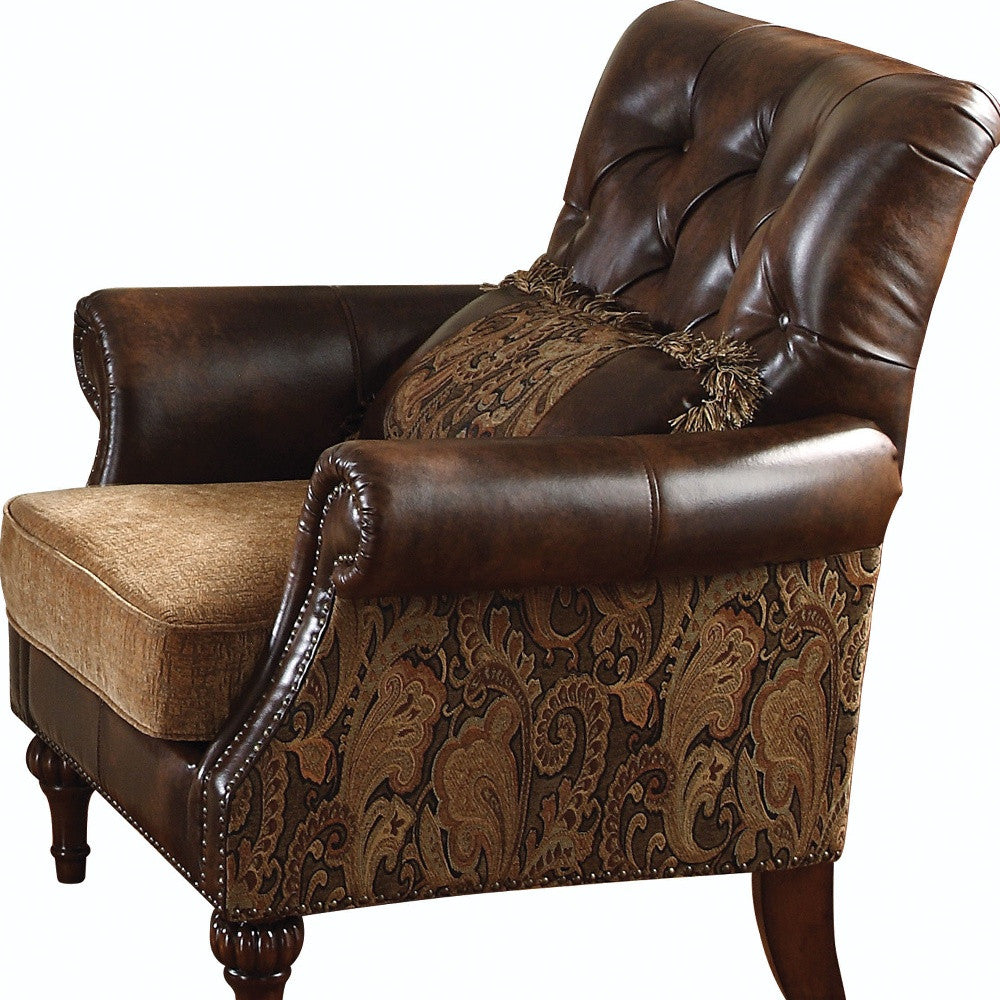 38" Brown And Black Faux Leather Floral Tufted Arm Chair