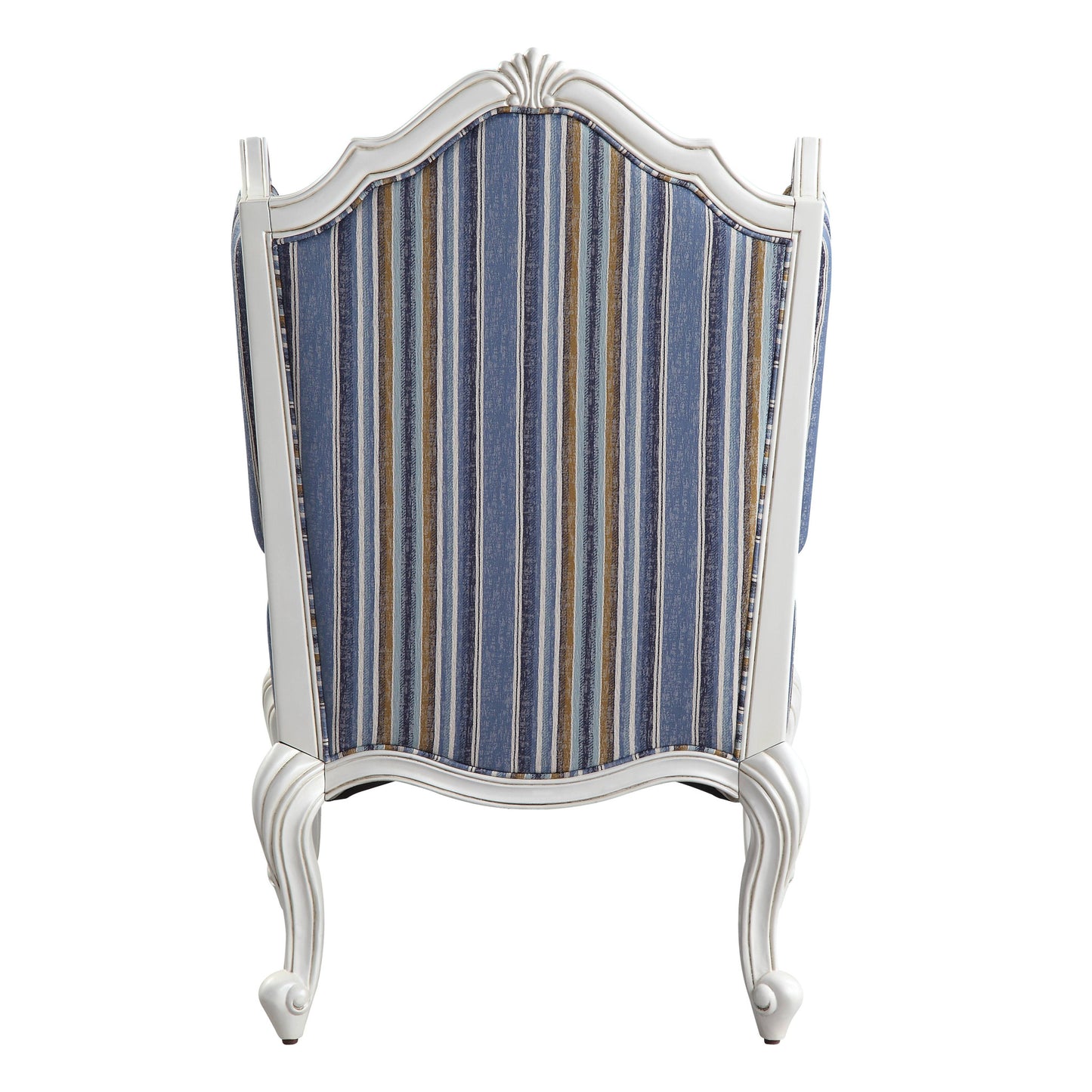 31" Blue White And Brown Fabric And White Striped Wingback Chair
