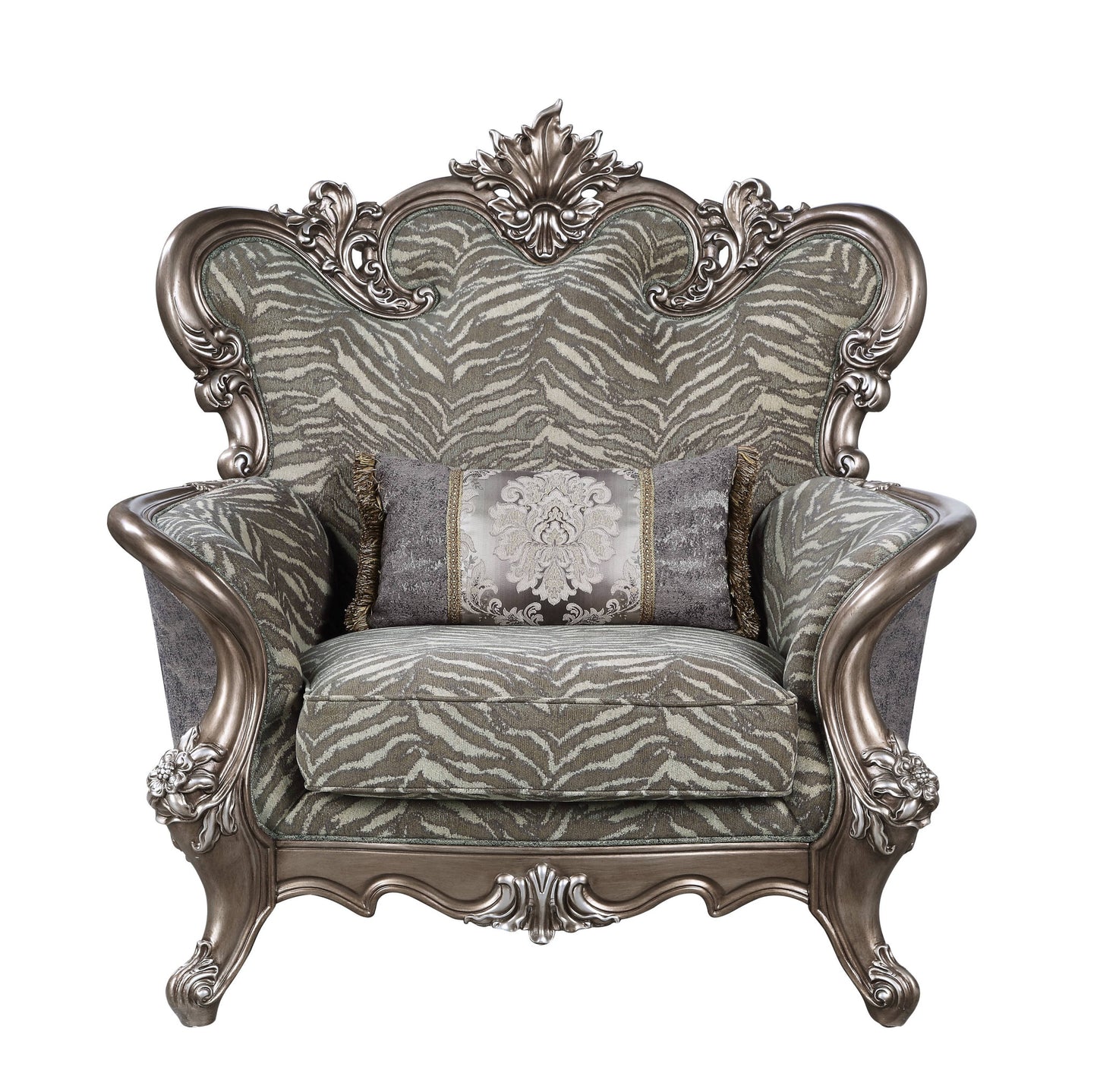 47" Gray Fabric And Antique Bronze Floral Tufted Wingback Chair