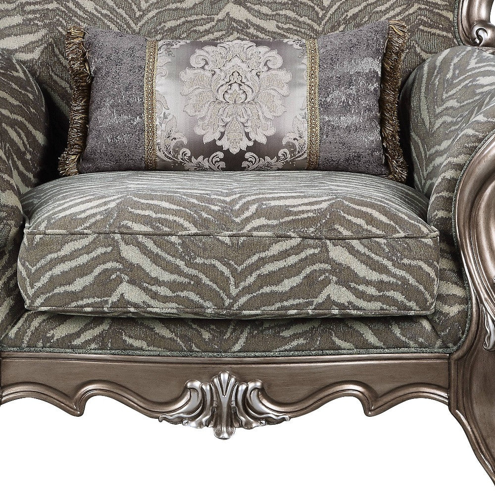 47" Gray Fabric And Antique Bronze Floral Tufted Wingback Chair