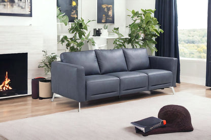 85" Blue Leather And Black Sofa