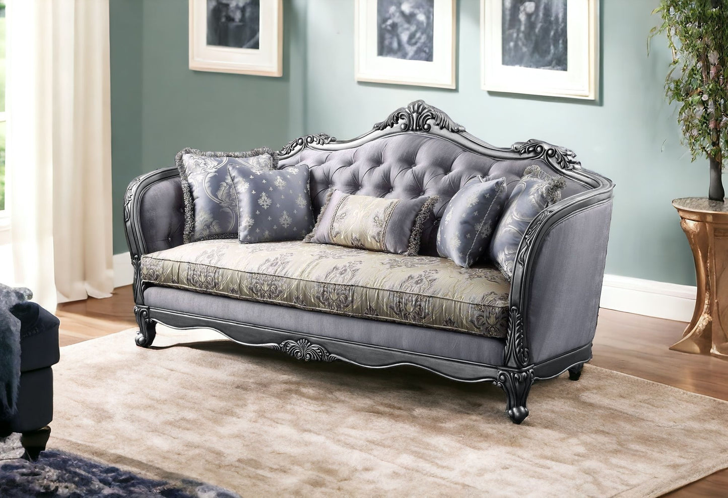 89" Fabric Imitation silk And Platinum Sofa With Five Toss Pillows