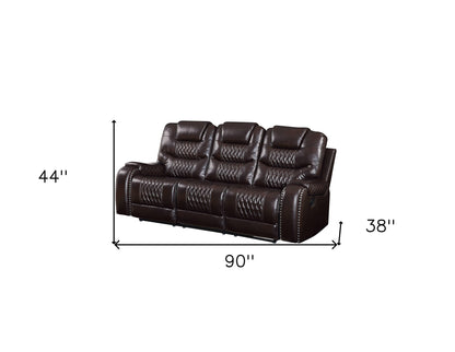 90" Brown And Black Faux Leather Reclining Sofa
